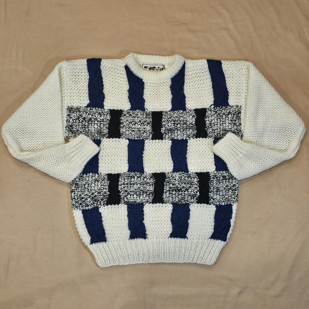 Vintage Forum Open Chunky-Cable Knit‎ Sweater Oversized Medium White Blue Black